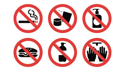 Six red circle prohibition signs for common restrictions displayed on a white background