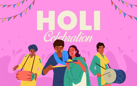 Happy Holi, Social media banner design with Indian people  celebrating Holi festival vector illustration, Man with dhol vector 