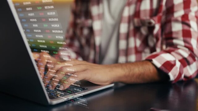 Investor analysing index trading and stock markets on holographic screen