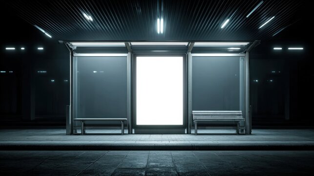 Blank Glowing Lightbox Billboard Mockup at an Urban Bus Stop Station at Night