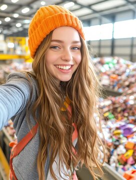 Smiling recycling plant worker taking selfie in waste sorting facility