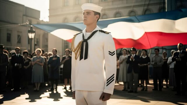 Young caucasian male sailor in white uniform stands at ceremony with flag and crowd during sunny day.