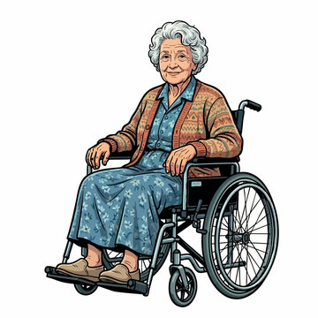 Senior woman in wheelchair wearing floral dress comic style