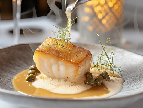 Chef pouring sauce on gourmet fish dish with capers and dill