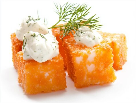 Fried polenta cubes topped with creamy dill sauce
