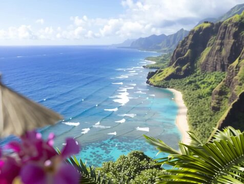 Tropical cocktail enjoying na pali coast view in kauai, hawaii
