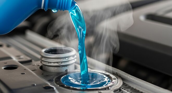 A person pouring blue coolant into a car engine