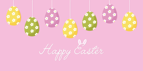 Happy Easter banner with hanging decorated colorful eggs on pink background. Cute flat vector greeting card for spring and holiday decorations. © Nataliia Vyshnytska