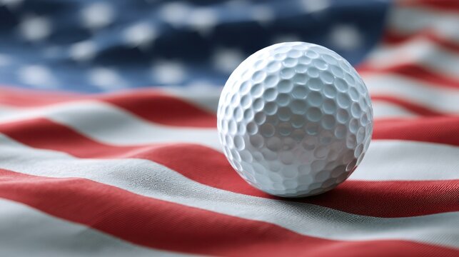 Close-up of a white golf ball resting on an American flag, with the flag's red and white stripes and blue background visible.