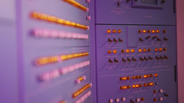 Colorful buttons and levers on control panel in control room