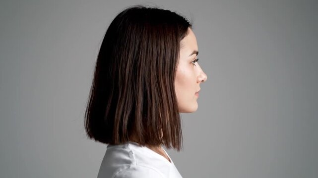 Young Woman with Bob Haircut Studio Portrait.