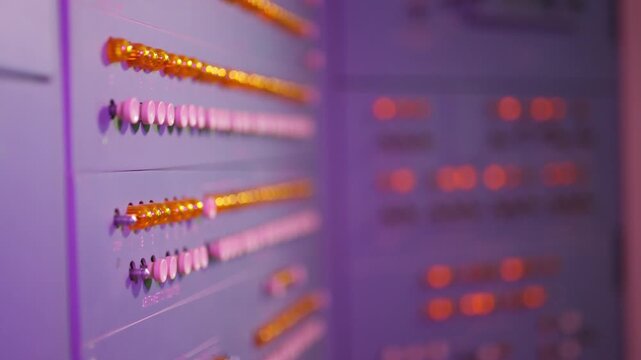 Colorful buttons and levers on control panel in control room