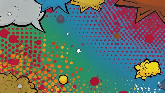 Colorful comic book pop art background animation with halftone dots, explosion shapes, and blank speech bubbles