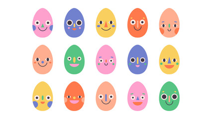 Cute simple hand drawn eggs with playful faces. Funny childish doodle emoji stickers. Perfect for children's decor, stickers, posters, patterns, fun graphic projects. Flat vector illustration