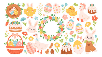 Obraz premium Cute Easter festive elements collection. Easter eggs, cakes, wreath, animals, flowers and seasonal decorations. Spring holiday stickers. Flat vector illustration