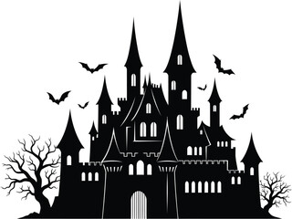 Fototapeta premium Haunted castle silhouette with bats and trees