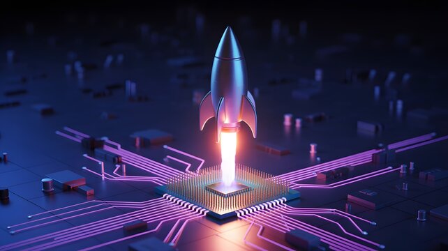 Rocket launch from microchip, futuristic startup and technology growth concept, digital innovation, AI development, business acceleration, modern computing illustration