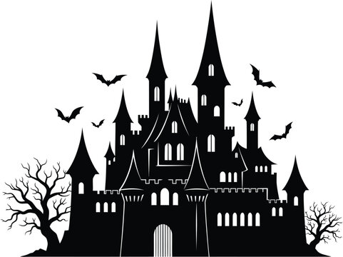 Haunted castle silhouette with bats and trees