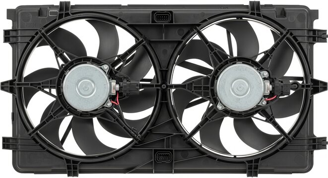 Dual electric cooling fan assembly for automotive radiator replacement featuring two individual brushless motors and black plastic shrouding against a white background ready for installation.