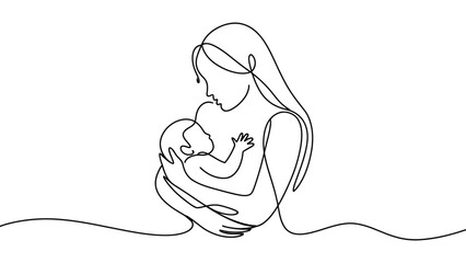  minimalist continuous line mother holding baby illustration, simple black outline maternity and newborn care sketch isolated on white background, modern one line art family love concept © VectorCraze