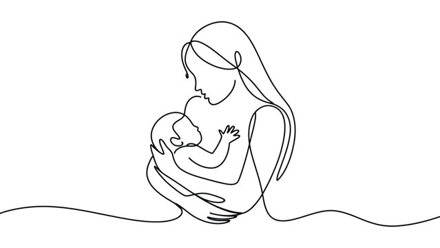  minimalist continuous line mother holding baby illustration, simple black outline maternity and newborn care sketch isolated on white background, modern one line art family love concept