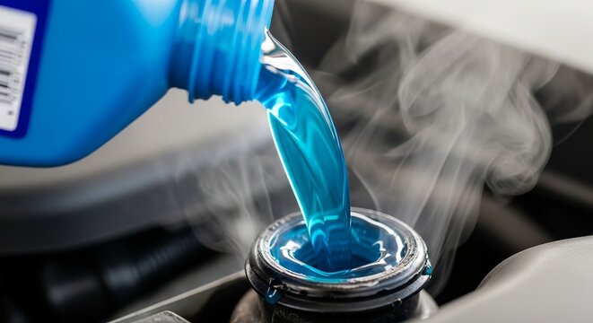 Mechanic carefully pouring bright blue coolant or antifreeze into an open, steaming car radiator reservoir under the hood for engine maintenance and fluid replacement service