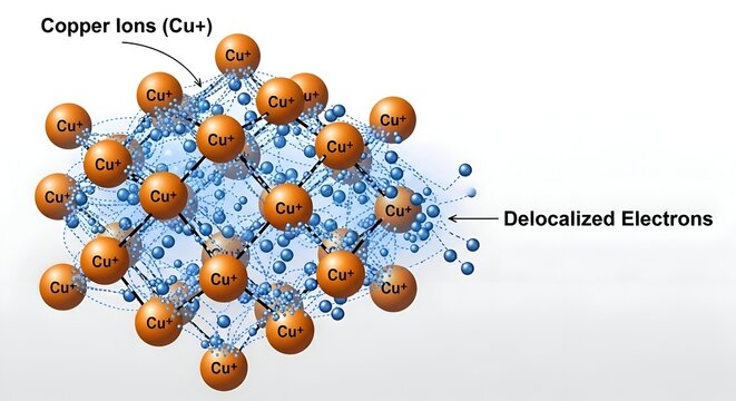 Copper ions and delocalized electrons in a metallic structure.