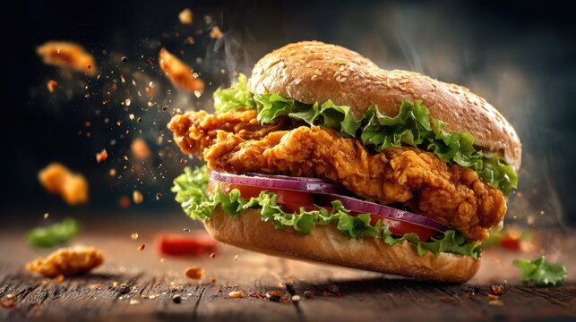 Gourmet crispy fried chicken burger with lettuce, tomato, and red onion on a rustic wooden table with dynamic flying spices and crumbs