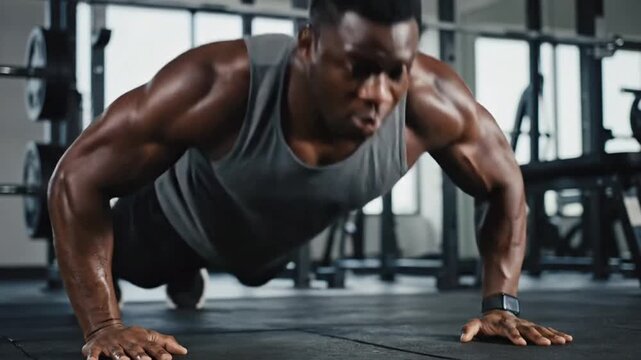 Man does push-ups in gym to build strength and improve fitness levels after long workout session in morning