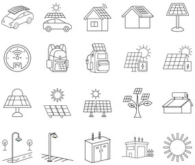 Fototapeta premium Comprehensive set of linear icons depicting various solar energy applications including solar-powered cars, houses, backpacks, street lights, and power stations.