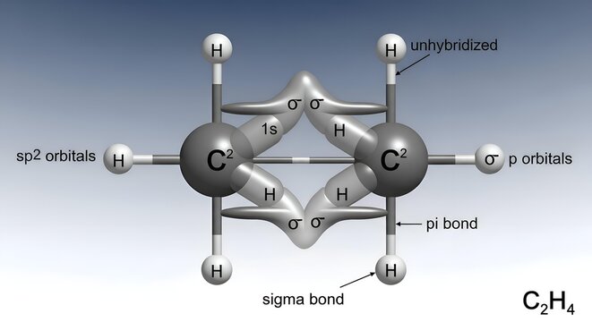 Detailed 3D molecular structure of Ethylene C2H4 with labeled atoms and bonds.