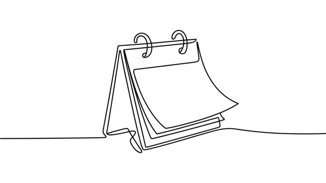  minimalist continuous line desk calendar illustration, simple black outline flip calendar sketch isolated on white background, time management and schedule planning concept design