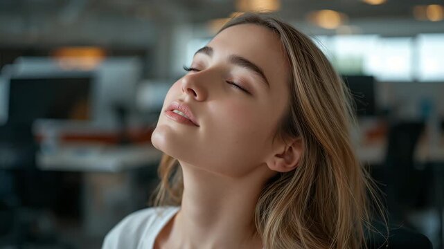 Young woman with closed eyes tilting head back indoors with soft background blur and natural lighting