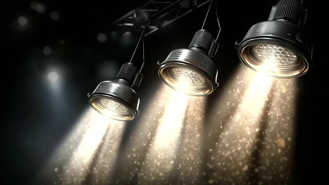 Trio of bright spotlights illuminating dark background to highlight key moments during performances and presentations, dramatic lighting, with copy space