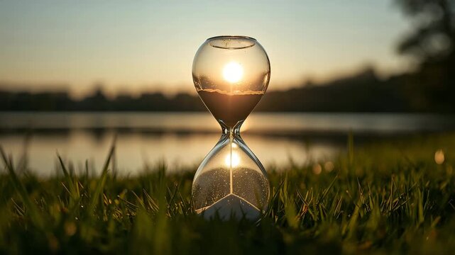 Glass hourglass placed on grass at sunset with warm sunlight shining through transparent sand timer