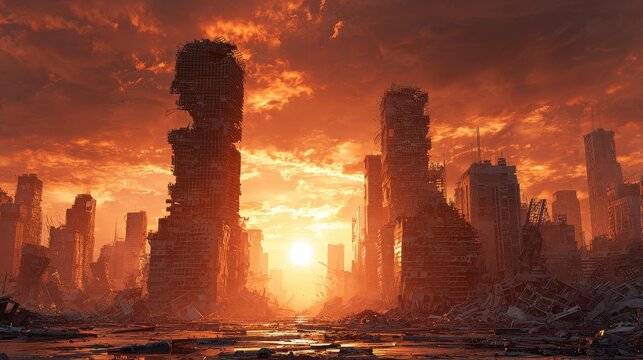 Post-apocalyptic cityscape at sunset with destroyed buildings and orange sky