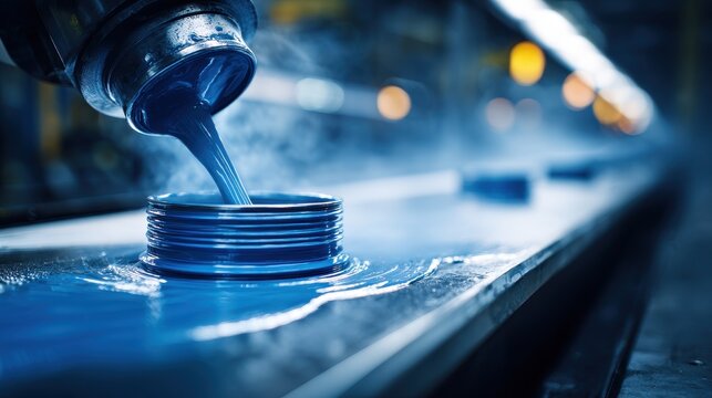 Vibrant blue liquid pouring from a spout into a container in an industrial manufacturing setting