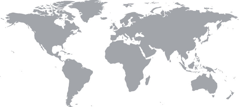 Gray silhouette of a world map showing all continents on a plain white background. Vector