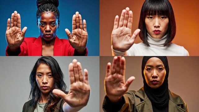 Strong women raise hands to signal unity and strength in different settings with colorful backdrops
