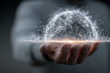 businessman holding android tablet, analyzing digital space satellite model, futuristic hologram technology concept 