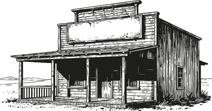 Old western wooden store building with empty signboard vintage illustration