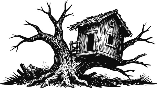 Old tree with rustic wooden treehouse vintage hand drawn illustration of a tall leafless tree and shack