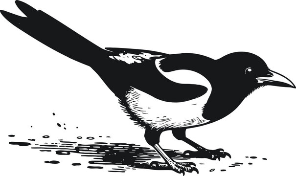 Black and white illustration of a magpie bird standing on the ground with detailed feathers and long tail