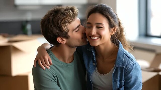 Couple celebrating moving day surrounded by boxes, faceless relocation and new beginning concept, defocused background, with copy space
