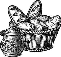 Obraz premium Traditional bread basket with assorted loaves and decorated ceramic jar, vintage black ink illustration