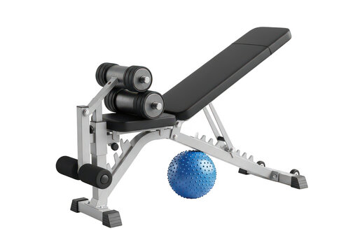 Adjustable weight bench with medicine ball isolated on transparent background