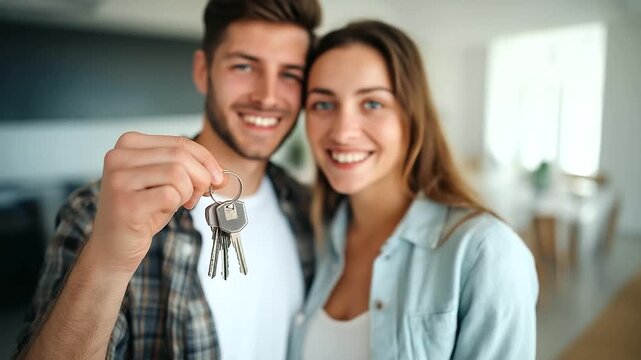 Young couple with their dog holding house keys in a bright new home, faceless joyful homeowners celebrating property purchase, modern interior, defocused background, with copy