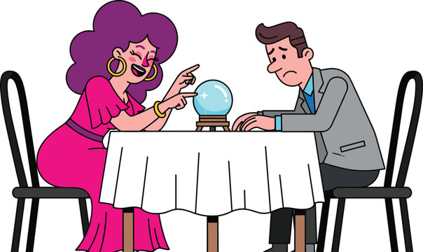 Fortune Teller Woman with Crystal Ball Predicting Future for Worried Man, Cartoon Vector Illustration of Mysticism and Psychic Reading