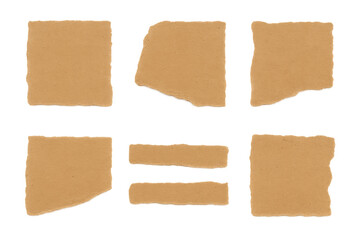 Torn brown kraft paper pieces with rough jagged edges arranged on a transparent background