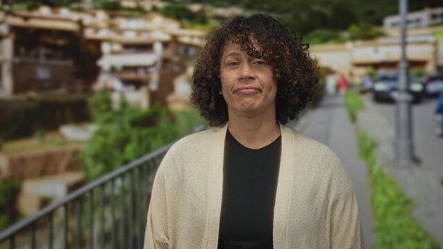 Middle aged woman shrugging with open palms and raised shoulders on street beside metal railing; uncertainty.